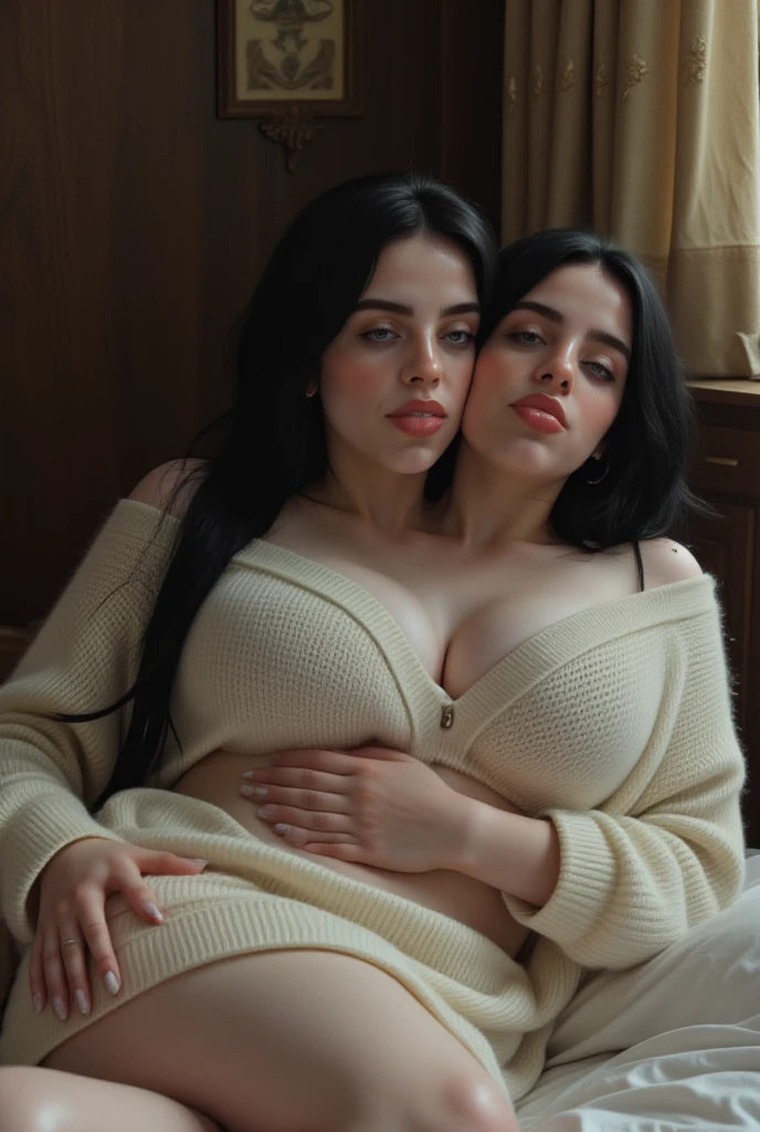 Two-headed b1ll13, black hair woman, light makeup, ((mouths open)), droopy lips, long hair, ((wearing loose fitting sweater)), bedroom, ((beautiful conjoined twins)), ((cleavage:1.3)), ((kissing herself on the cheek)), ((dark eyeliner)), ((massive breasts)), ((sleepy eyes)), ((lying in bed on her side)), abs, pale skin