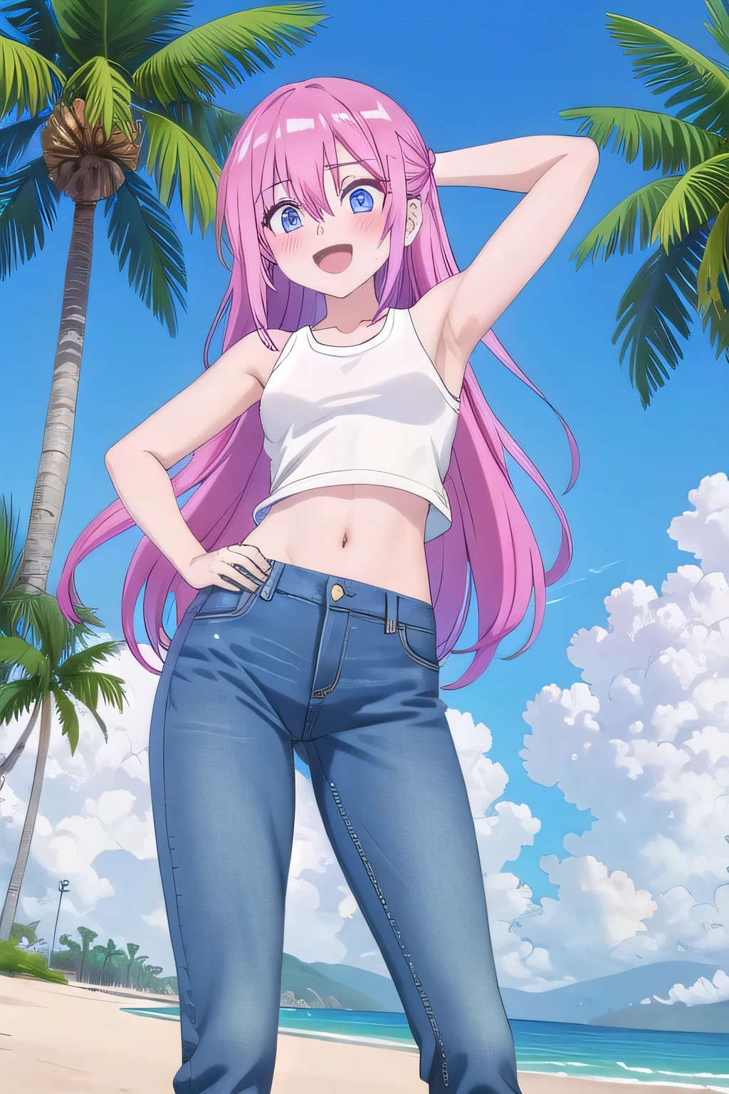 masterpiece,best quality,ultra detail, ((Perfect Face, Perfect Arms, Perfect hands, Perfect Fingers)), 1girl, ****, ***ite, ((round face, ecstasy, orgasm face, drooping eyes, shame smiling, blush)), dropping eyes, sleepy, background((under the beach, (day:1.2), palm tree, bright sky)), miyako shikimori, pink hair, long hair, blue eyes, hair between eyes, bangs, arms behind head, contrapposto, spread armpits, ((invisible hands, invisible fingers)), looking at viewer,, (white tank top:1.2), (white crop top:1.2), (jeans pants:1.2, flares jeans:1.2, skinny jeans:1.2, blue jeans:1.2), standing, (legs spread:1.2), sex pose, Sweaty crotch, Steam from the crotch, from below, full medium body