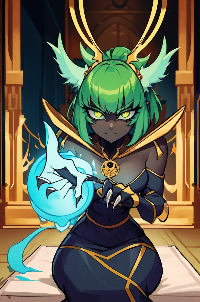 "Step into a realm where the veil between life and death is thin, and a Necromancer harnesses the power of the spirit world. The art style takes inspiration from Gothic and surrealism, infusing the scene with an otherworldly atmosphere. The Necromancer is depicted in an imposing stance, with a cloak billowing in the ethereal green flames that surround them. The camera captures an overhead view with a wide-angle lens, accentuating the necromantic circle drawn on the ground with intricate precision. The lighting plays with shadows and glowing effects, evoking a sense of ancient rituals and arcane power. The artwork should be rendered with high resolution to capture the subtleties of the Necromancer's expression and the ghostly wisps of souls emerging from the flames."
