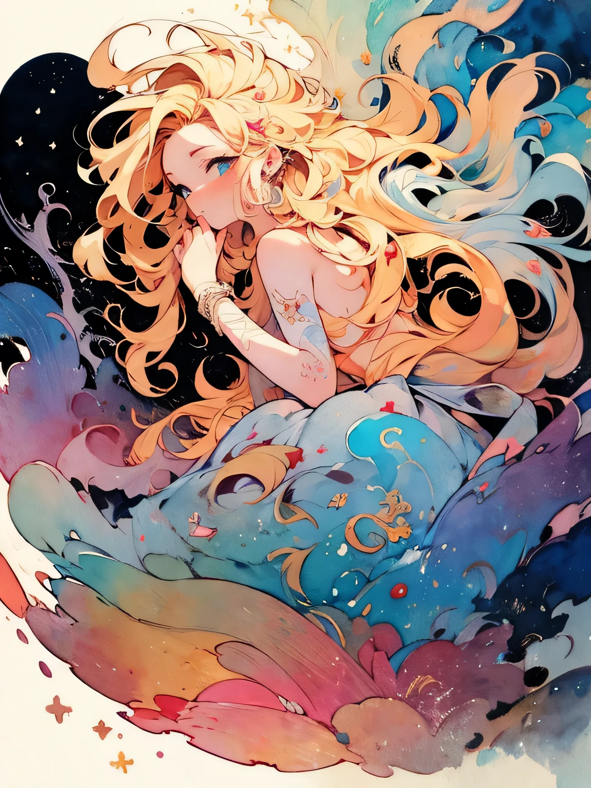 sideview+,Alone,blonde wavy hair,big forehead,sexy seashell bikini, The Birth of Venus ,Primavera,top quality, best quality,like a painting, watercolor painting style, The Art of Mathematics, Official Art, Masterpiece, beautiful, ((watercolor)), paint splashes , complex details. very detailed, [Drooping:0.7],