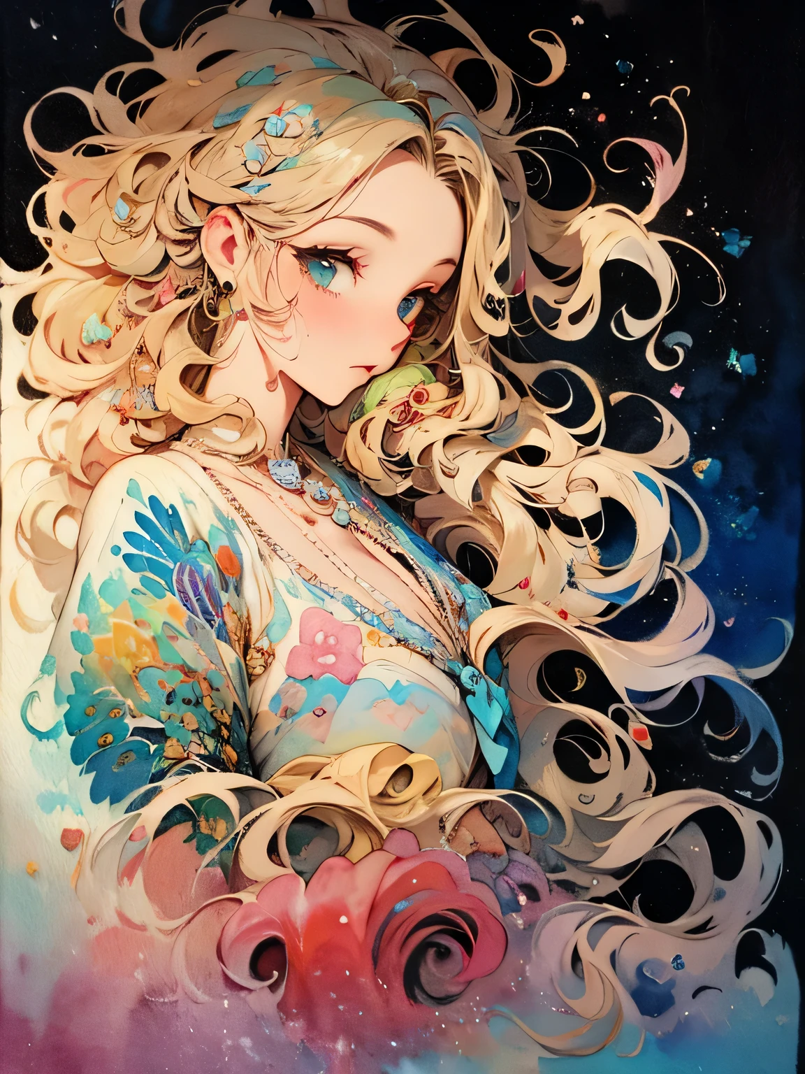 sideview+,Alone,blonde wavy hair,big forehead,sexy seashell bikini, The Birth of Venus ,Primavera,top quality, best quality,like a painting, watercolor painting style, The Art of Mathematics, Official Art, Masterpiece, beautiful, ((watercolor)), paint splashes , complex details. very detailed, [Drooping:0.7],