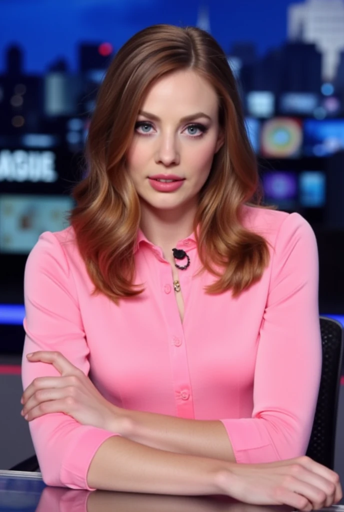 age 18, slim, tall, e-girl, goth girl,( Masterpiece, 4k resolution, ultra-realistic, very detailed) , blue eyes, Caucasian pale skin, wavy thick brown hair,  wearing a pink revealing blouse, arms crossed, sitting behind her news desk, news anchor for Fox news, small perky breasts, cute girl, slim bodytype,
