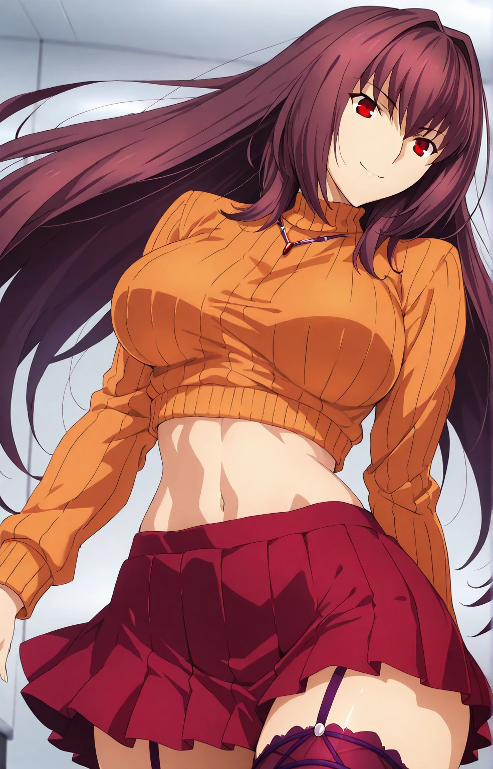 A girl with dark crimson red hair and maroon eyes with a black and red shirt that covers her whole torso and sweatpants and big breasts smiling and a background with volcanoes and fire