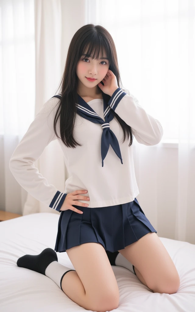 、whole body、Hands behind head、(Schoolgirl uniform、Sailor suit、Navy Pleated Skirt、sit on futon)、Spread your legs、(White panties are visible、camel toe)、Small breasts、(smile、Perfect white teeth)、bangs、Long Hair、Hair Ribbon、(Twin tails in a high position、Smooth Hair)、Slim body、RAW Photos, (Highest quality、masterpiece、Realistic photo:1.2)、(Realistic:1.4)、Dramatic lighting、Bright lighting、Rim Light、Pastel Color Palette、Super detailed、Realistic skin texture、Beautiful eyes in every detail、Brown eyes、(Detailed Background、Depth of written boundary:1.2)、