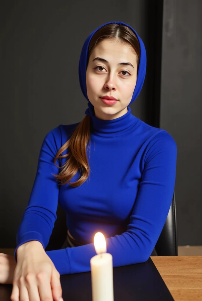 Young woman of 2, black hair with falling waves, hazel eyes, Pale skin, soft features, europea, calm expression, Royal blue long sleeve sweater, looking to the camera, dark background room, Two types of lighting, sitting behind a desk with a lit candle.
