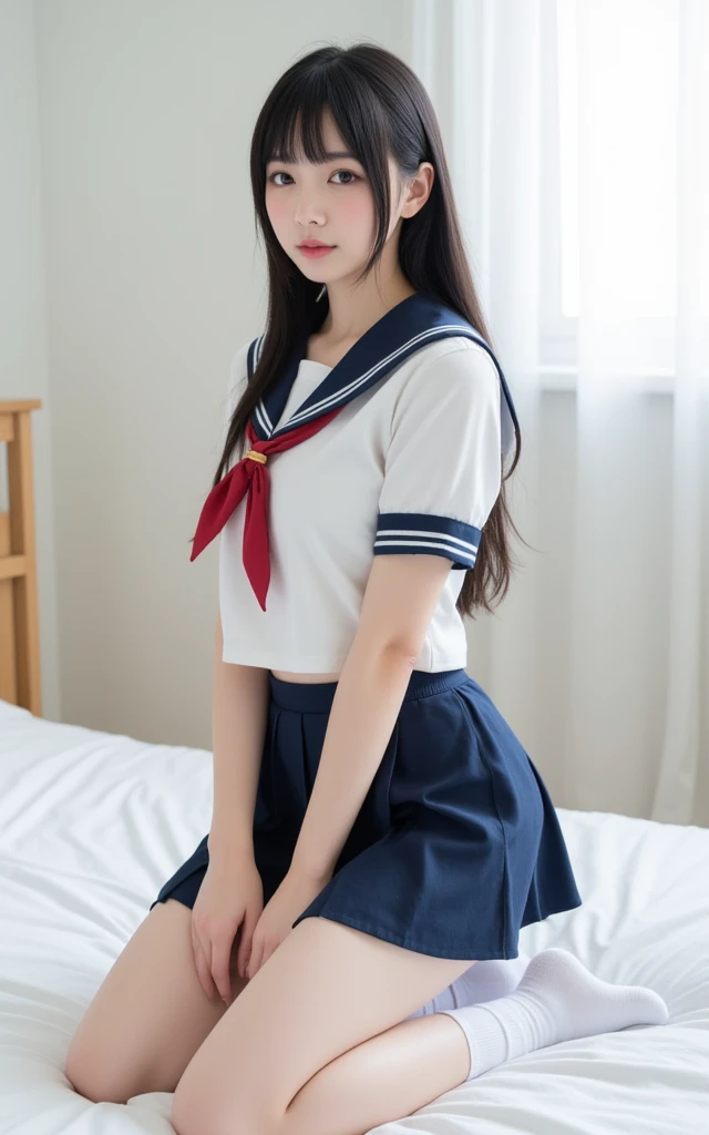  japanese cute idol, Japanese cute girl, kawaii, a beautiful young lady dressed up as a sailor girl on the bed,  1girl , Alone, school uniform,  serafuku, skirt, kneeling, curtains, black hair, long hair, indoors, bed, looking at viewer, socks, nsfw,Masterpiece,  best quality ,  more details,  very detailed, 16k,  Japanese , cute, Cute,  photorealistic,  realism,  RAW photos ,  Real People ,Angelic Very beautiful  cute girl,20th Generation,  beautiful eyes in every detail  ,  double eyelids with attention to detail, Big Breasts,