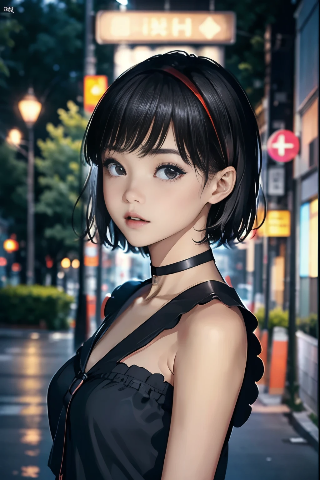 １ girls with light makeup、（Chestnut Hair、 short cut hair）、Night Road、（black off-the-shoulder dress、 black choker）、 white skin so you can fall out 、 an impeccable young lady no matter where you look at it、・・・２２Year-old female college student、