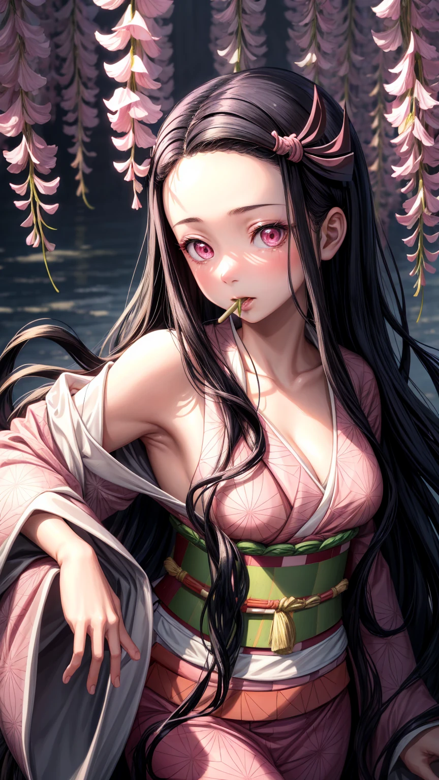 masterpiece, (pink kimono), seductive face, good lighting, décolleté, fine details, masterpiece, glowing eyes, 1girl, black hair, gag, bamboo, Nezuko Kamado, Showing ass. Forest background.