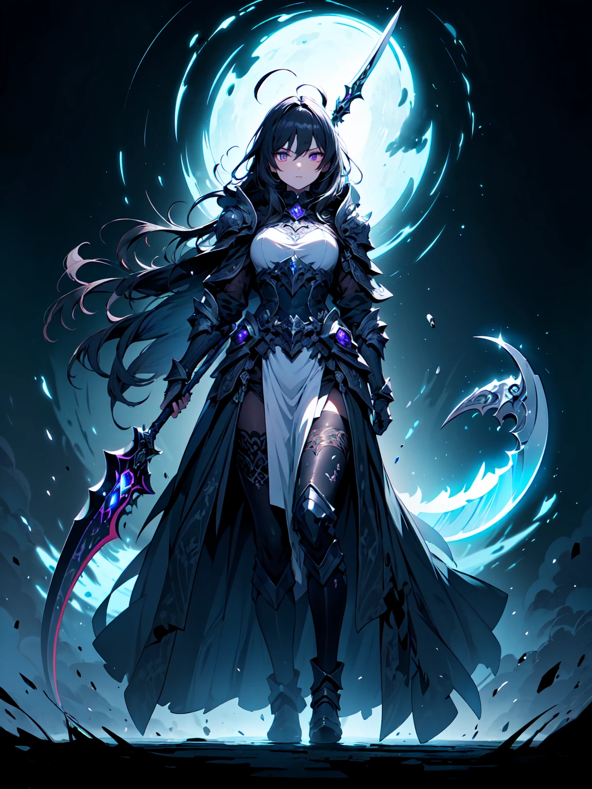 His skin is a dark gray tone, with a subtle glow that makes it stand out in the dim light. His hair is long and black, flowing like a curtain of living shadows, And their eyes, of an intense violet, Nyx's wings are black and translucent., unfolding gracefully, almost invisible when not in use.
Nyx wears a long, flowing robe, made of a light, translucent fabric that appears to be woven from threads of pure darkness. The tunic falls to the ground, The edges of the robe are adorned with fine silver embroidery depicting patterns of stars and constellations..
The robe includes a hood that Nyx can use to cover her face., plunging it into almost total darkness. Under the hood, He often wears a light, dark grey mask that covers the upper part of his face., leaving his violet eyes as the only points of visible light.
In your hands, Nyx wears tight gloves that extend to her forearms.. The gloves are made of a soft but durable material., allowing you to move deftly without making noise. The gloves are also embroidered with silver threads., forming patterns that appear to move and change with the light, imitating the effect of shadows.
around your waist, Nyx wears a wide, ornate belt, made of a matte black leather. In the center of the belt, There is a buckle in the shape of an eclipse.
The boots are high, reaching to the knees, and are reinforced to offer protection without sacrificing agility.. The sole is made of a sound-absorbing material, allowing it to move undetected.
on your shoulders, Nyx wears a short cloak, Held on a silver chain that glows faintly in the dark. The cloak is made of a fabric that appears to absorb light., making it almost invisible in the dim light.