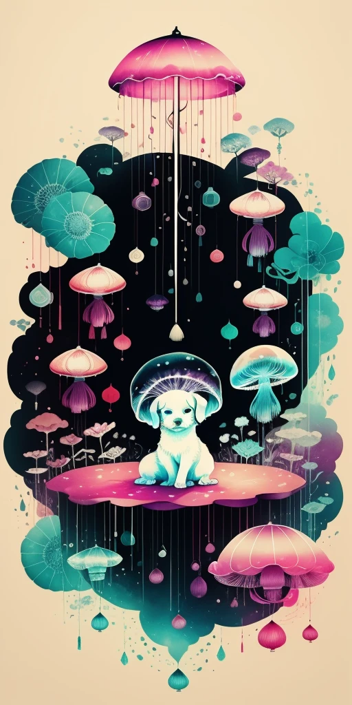 ( Artwork,  best quality : 1.2), pigments, Negative Space , Jellyfish Sim , Ink Painting, Colorful colors, Traditional Chinese ,  cute puppy playing with flowers watching the scene, Peaceful, (smile), シーンを見ている, color saturation,  bright color