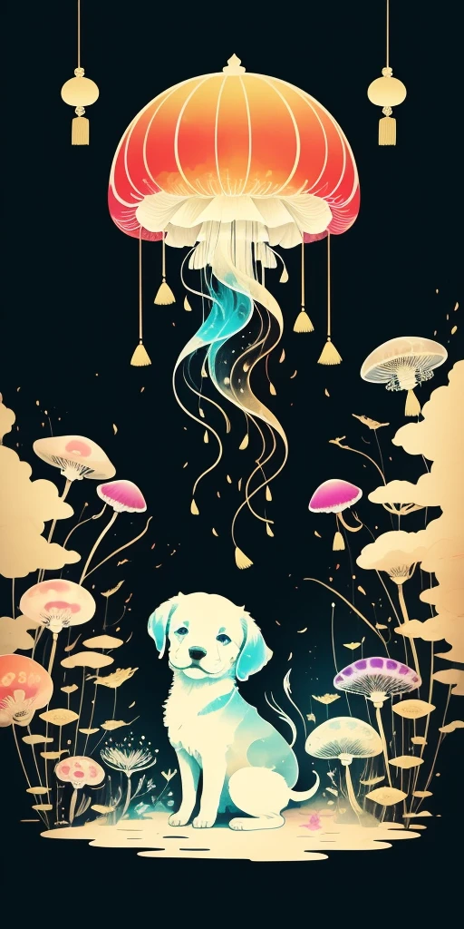 ( Artwork,  best quality : 1.2), pigments, Negative Space , Jellyfish Sim , Ink Painting, Colorful colors, Traditional Chinese ,  cute puppy playing with flowers watching the scene, Peaceful, (smile), シーンを見ている, color saturation,  bright color