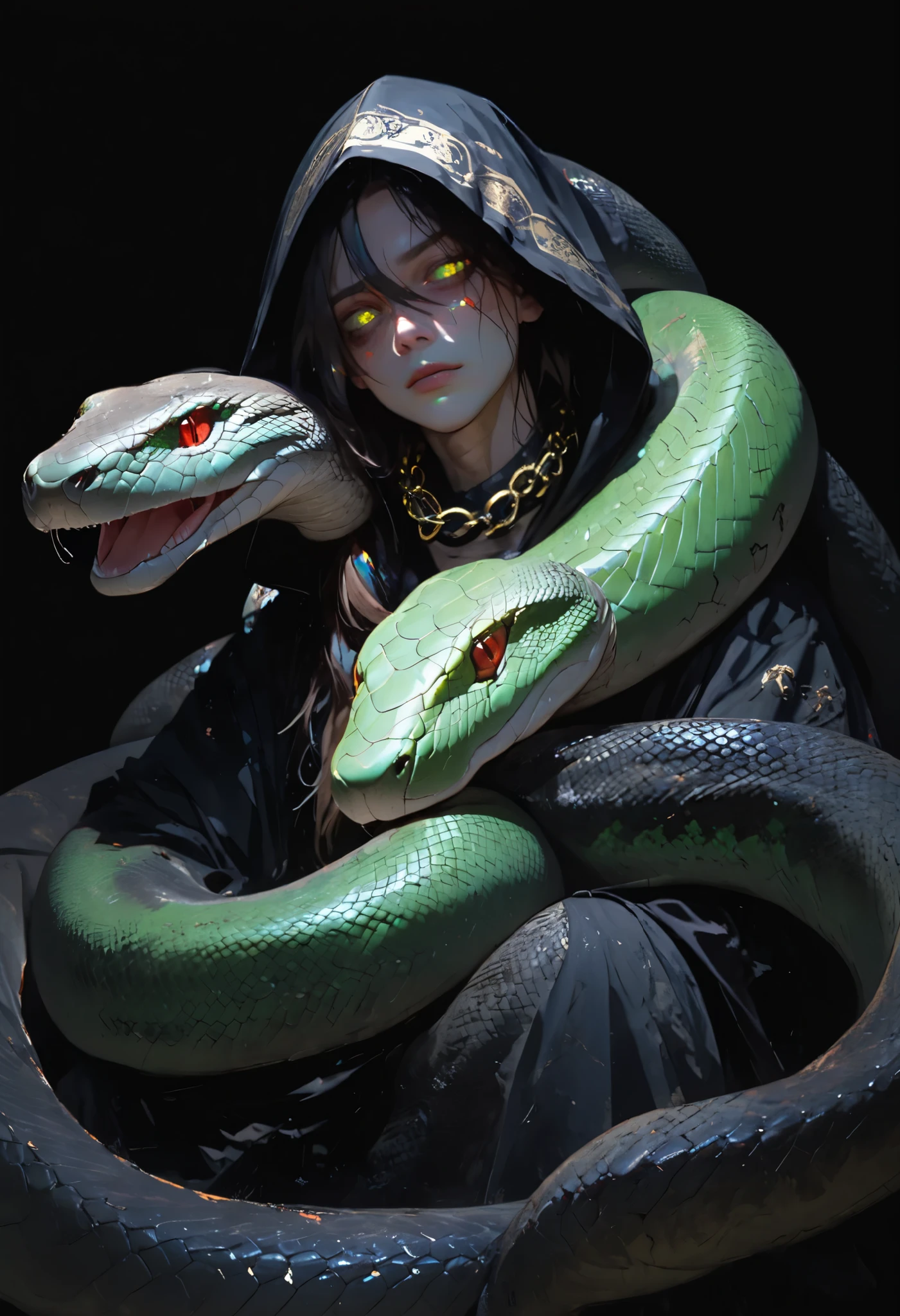 ((highest quality、masterpiece、8k、Realistic、超High resolution:1.3、Very delicate and beautiful、High resolution))、Cinema Lighting、medium range shooting、Portraiture、Perfect female body、Opposition、Looking at the audience、((Medusa from Another World、((Hair made up of countless small snakes:1.9))、((Reptilian eyes:1.4))、Ruthless smile、Petrifying gaze、scaly skin))、Emerald decoration、Sharp Fangs、Eyes shining in the dark、Ancient curses、Mysterious Aura、Cave of Darkness、Statue of the Victim、Silver bracelet、Poison Claws、Black Robe、Night Forest、Cold wind、Dark Shadows、Sharp Claws、Gemstone Necklace、coiled snake、Wicked Charm、cause fear、Magical Power、Ancient mythology、Hidden Cave、Stone statue、A Legend、Otherworldly background、Eternal Curse、Golden Eyes。