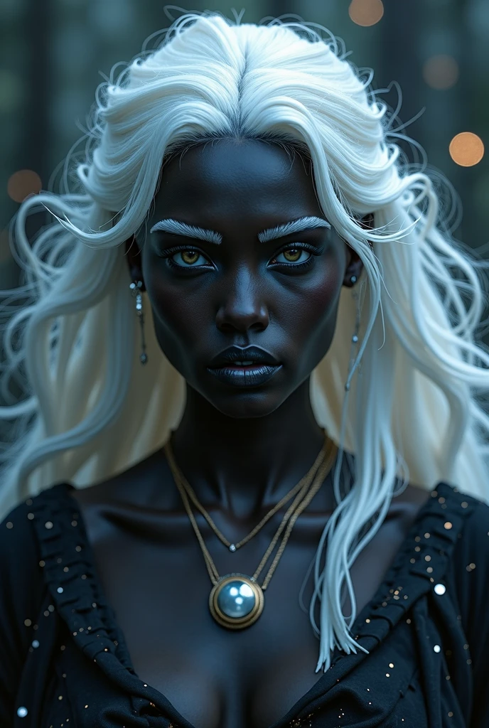 black character, long white hair, eye white