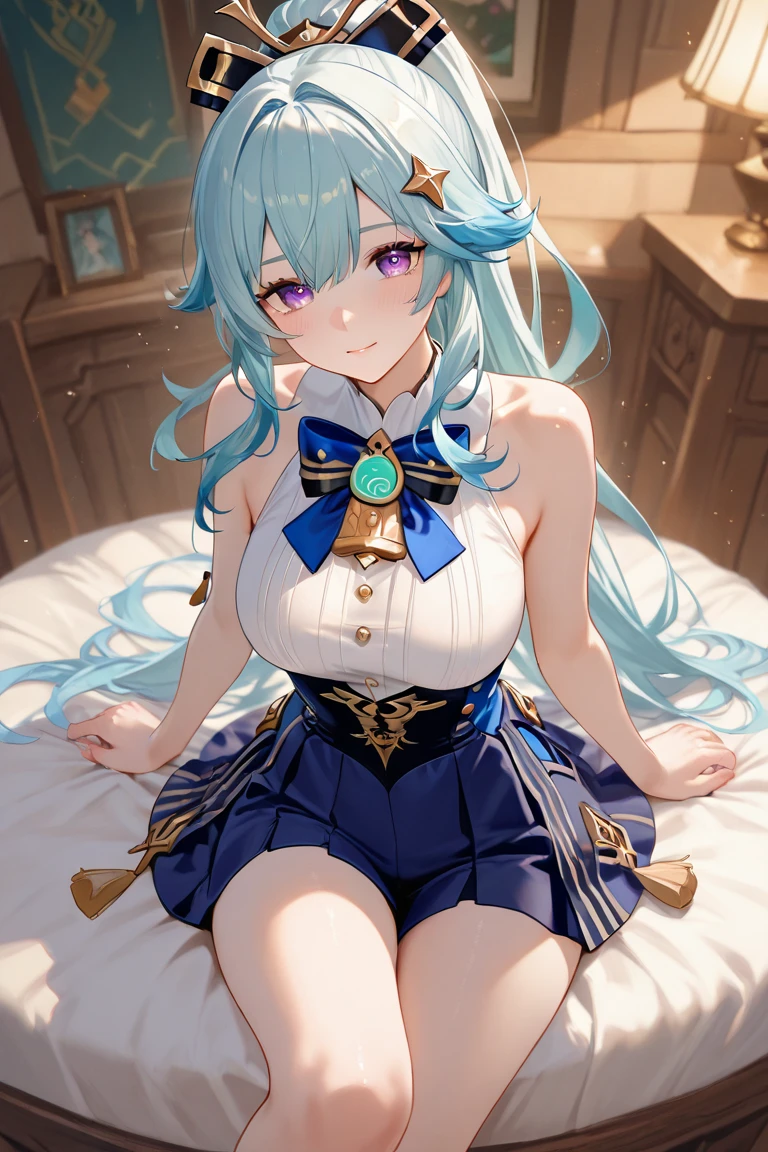 masterpiece, best quality, high resolution, unity 8k wallpaper, (illustration:1.1), ultra-detailed face, extremely detailed CG,
perfect anatomy, nice hands, perfect hands,
Aqua,
Aqua\(konosuba\),
1girl,
long hair, single hair ring,
blue hair,
(blue eyes:1.2), (beautiful detailed eyes:1.5),
BREAK looking at viewer,
blush,
blue shirt, blue skirt, white thighhighs, bare shoulders, detached sleeves,
medium breasts,
zettai ryouiki,
green bow,
cowboy shot,
shoot from front,
perfect lighting,
BREAK background of indoor, lie on the bed, Booty pose, show panties, nsfw,