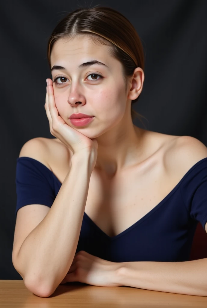 A young woman with blue eyes and dark brown hair in a loose updo, wearing an off-the-shoulder dark blue top, sitting at a table, leaning forward, with one hand touching her chin, soft contemplative expression, dark blurred background
