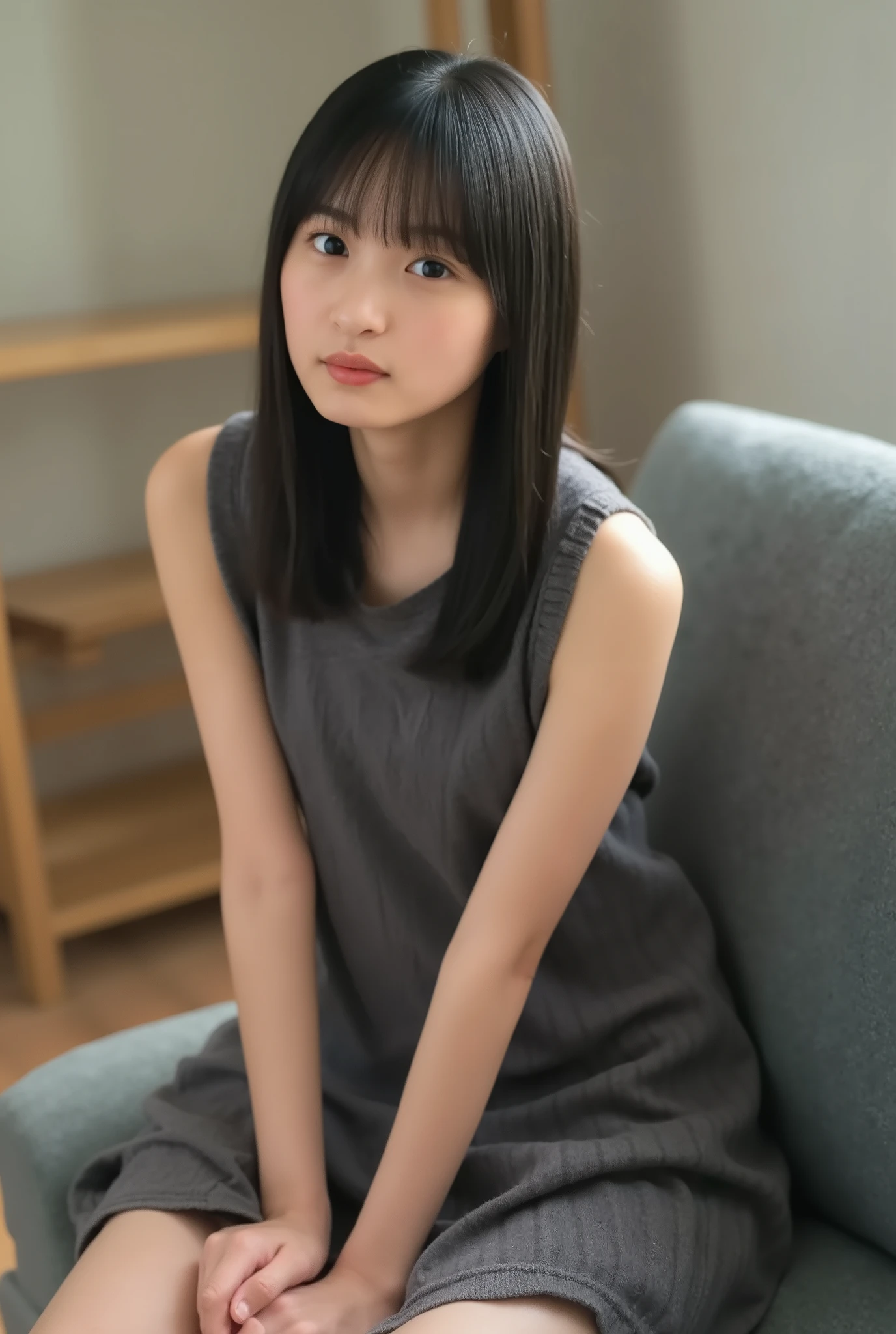  best quality ,  focus on face , Soft light,   ultra high definition , ( photorealistic:1.4),  RAW photos ,
 one Japanese girl, Alone,  cute, (pupil,  light in the eyes ),   detailed beautiful face, ( small breasts),( high resolution human skin texture details),
( long hair),
Sit on sofa,
 school uniform,  Charcoal Vest,  skirt ,
(Upper thigh)