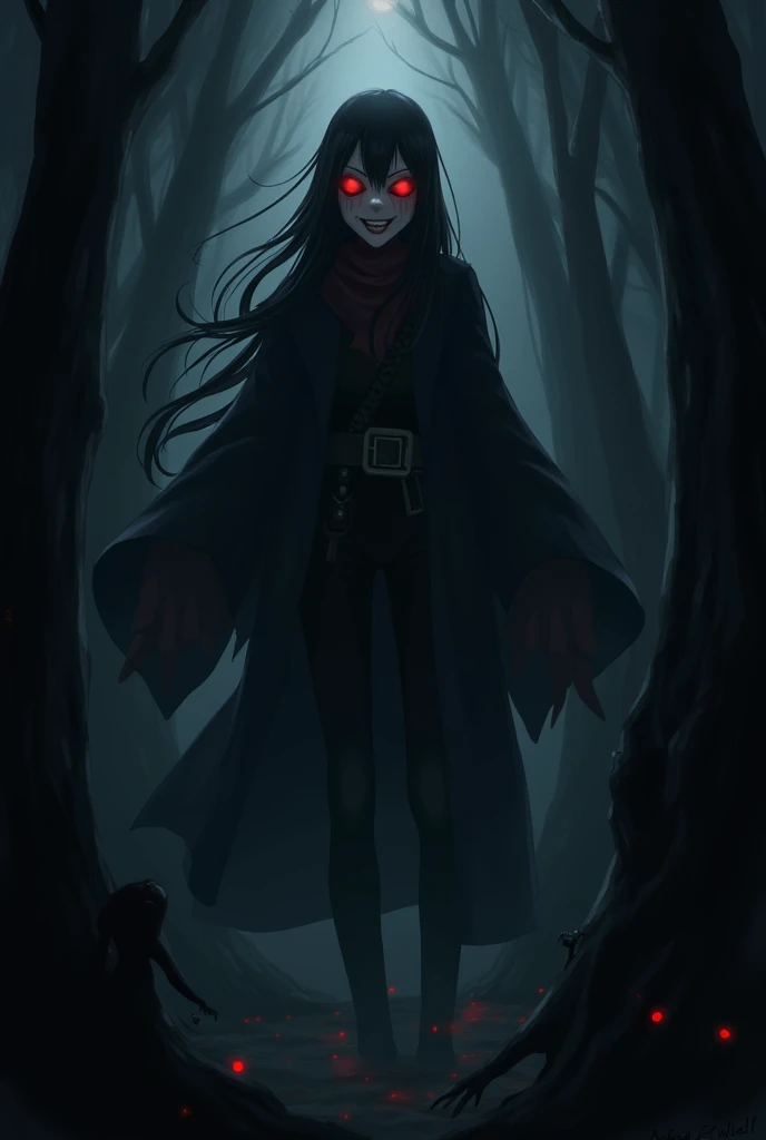 Slenderman but a woman, scary, Slenderman tentacles, operator,creepypasta,long black hair, blank head, tall,