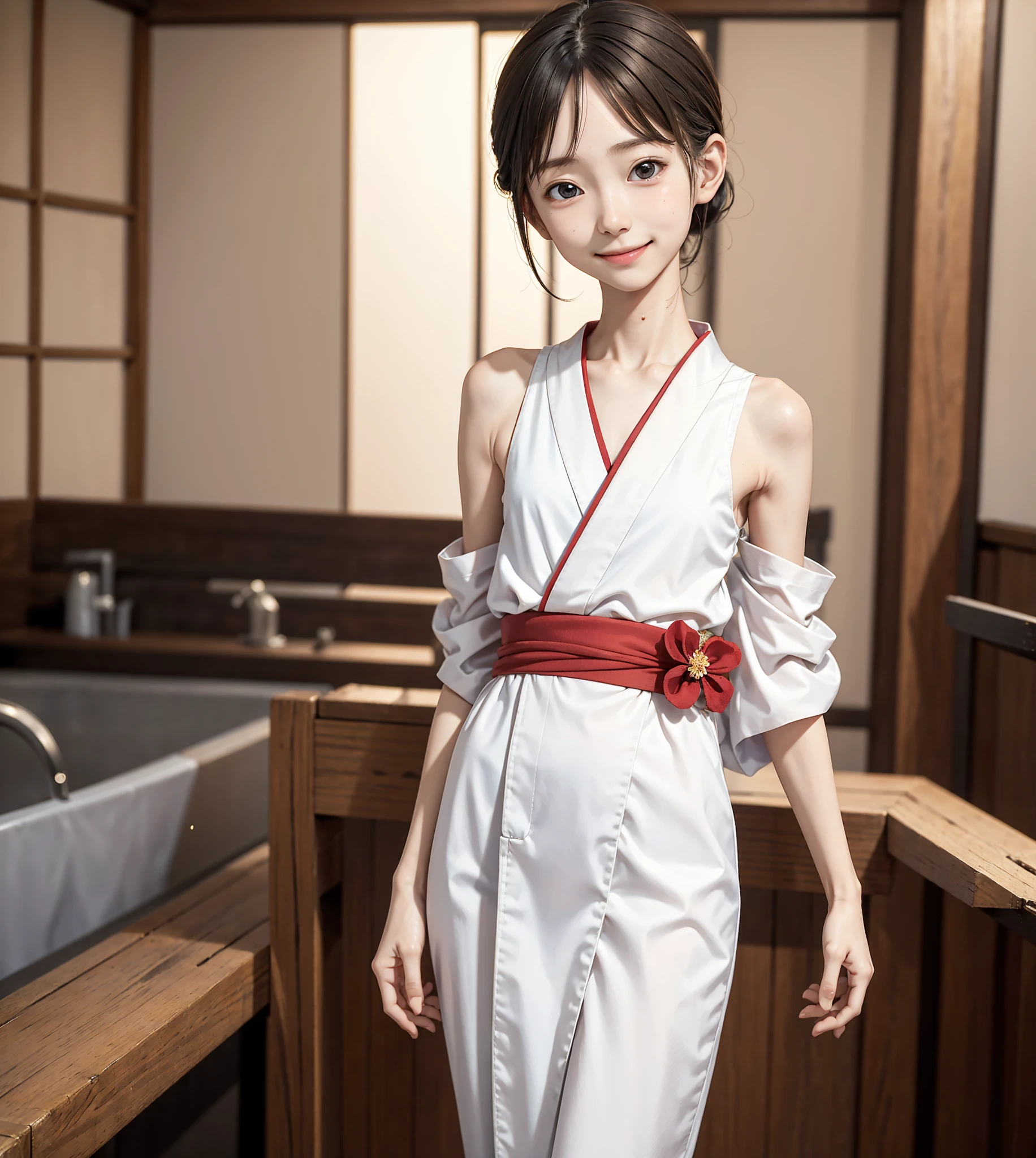  Japanese,Yukata,Lanky,little,underweight,Narrow shoulders,Thin arms, Cute Girl ,masterpiece, Details,4K,8k,16k, very skinny,younger,, Watching Viewers ,smile