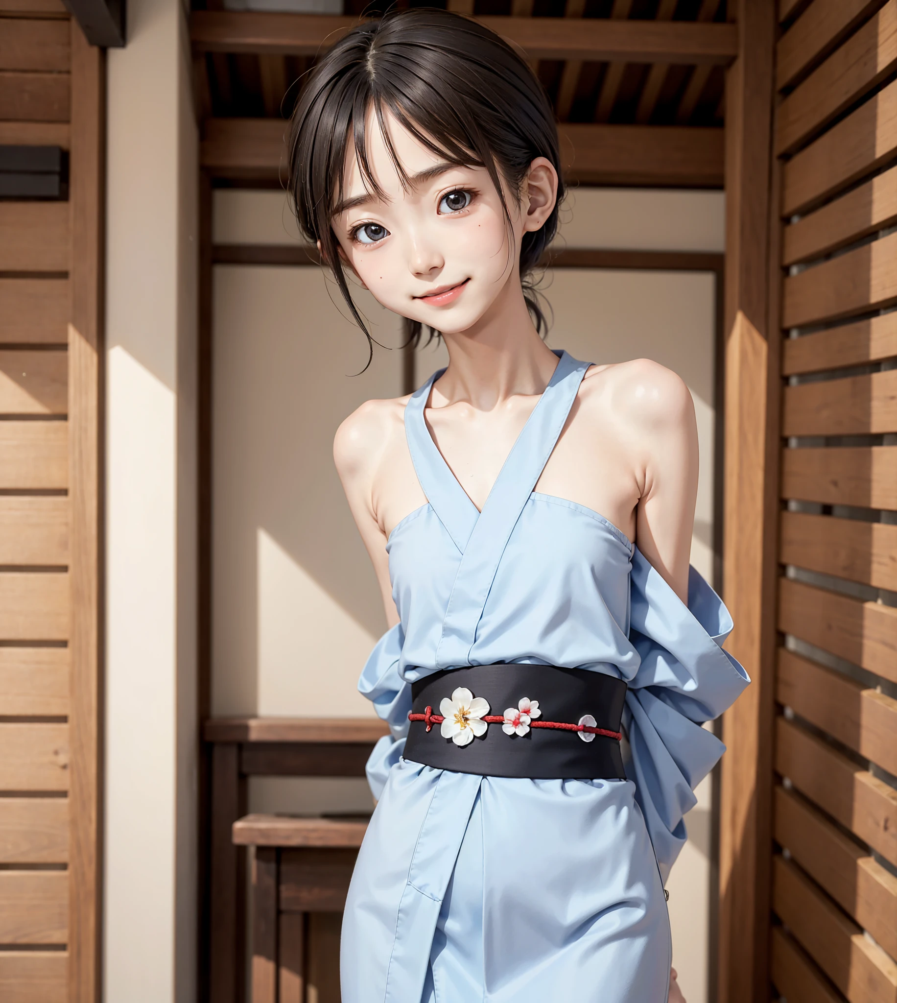  Japanese,Yukata,Lanky,little,underweight,Narrow shoulders,Thin arms, Cute Girl ,masterpiece, Details,4K,8k,16k, very skinny,younger,, Watching Viewers ,smile