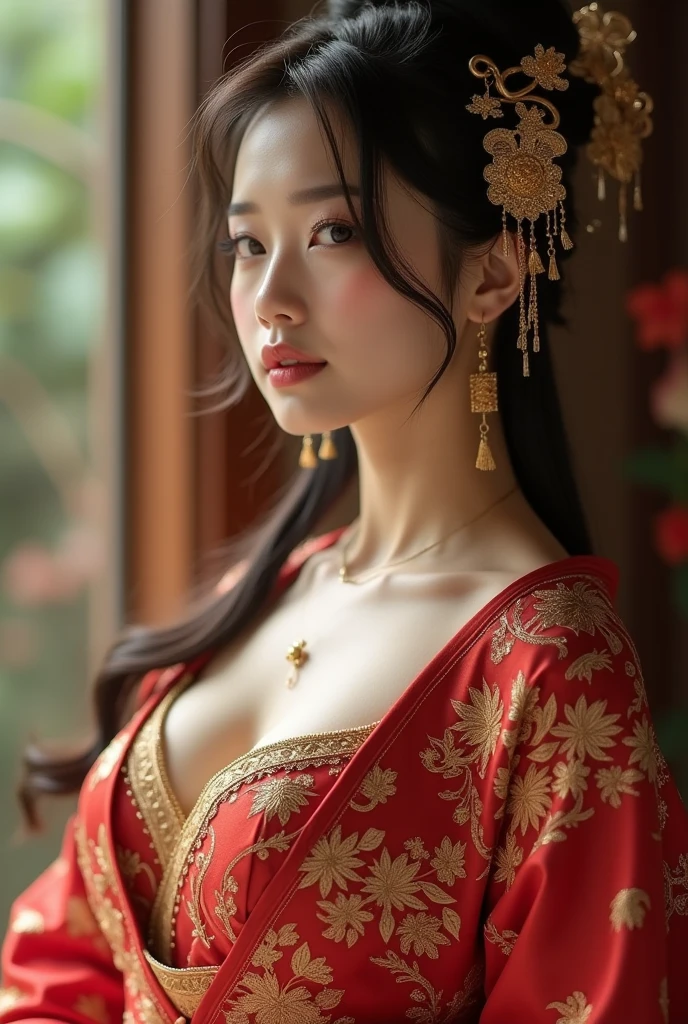 ((Highest quality)), ((masterpiece)), (detailed), (Perfect Face)、The woman has her medium-long hair tied up in a bun and is wearing a gorgeous red long-slit sexy party Chinese dress with gold embroidery and trim. She is dressed up in luxury with gorgeous accessories and an engagement ring.