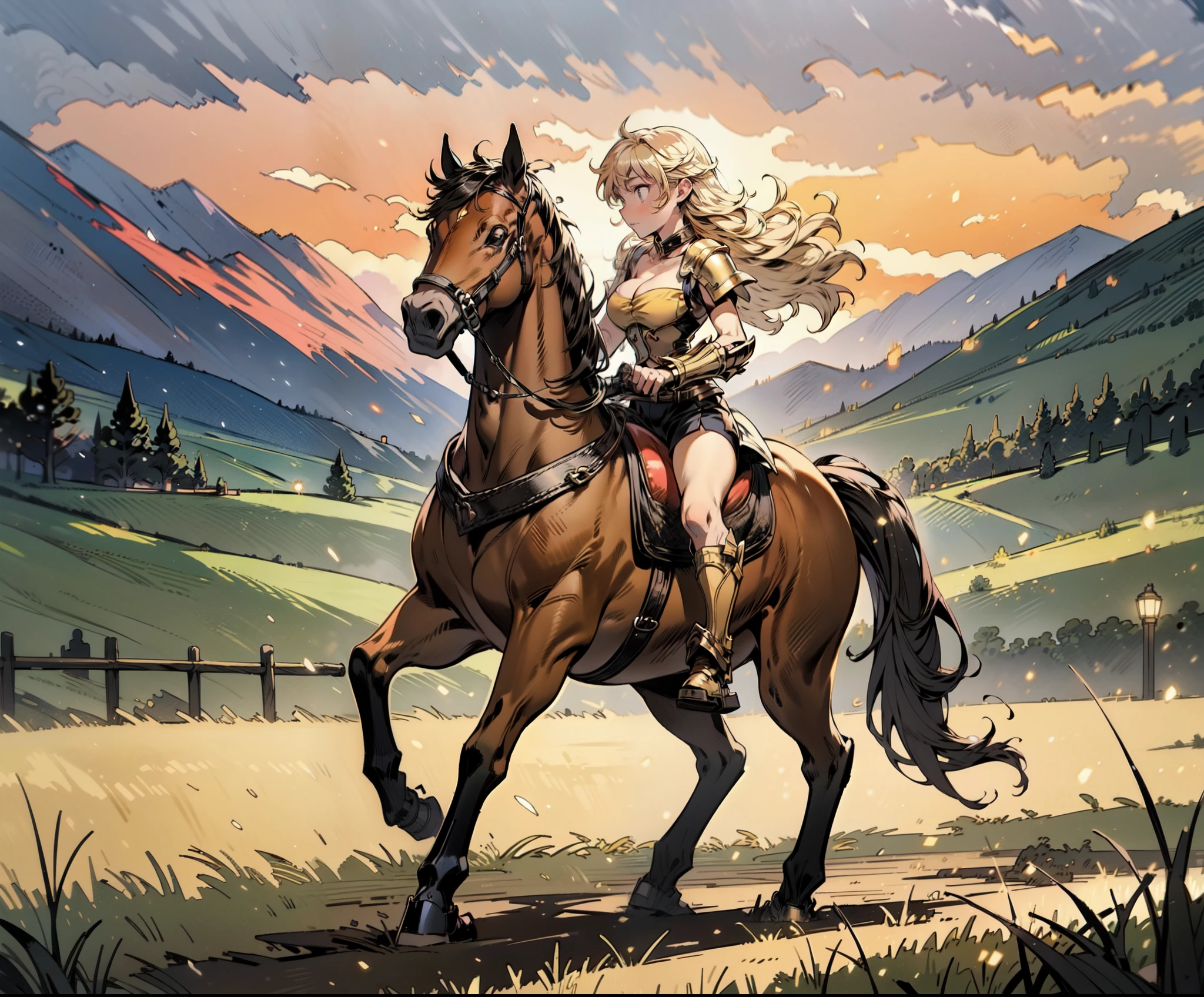 ((best quality)), ((anime masterpiece)), (high detailed), 8k, cinematic lighting, perfect face, perfect hand, large breast, cleavage, riding, horse, (((a young woman wearing a warrior armor watching a sunset while riding on a BROWN HORSE)), ([yang xiao long, bangs, {blonde hair}]), (armor, cleavage, shorts, bare legs, boots)), BREAK, ([brown horse, saddle, reins, bridle, standing]), solo, (on the grassland, mountainside, medieval settings:1), both hand holding rein, from side: 1, anatomically correct