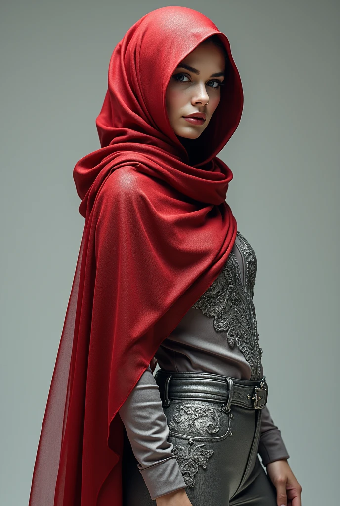 Very tall、Big breasts、The waist is also large、With a muscular body、European woman with blue eyes and brown hair ,wear hijab(Veil),A stylish black flared skirt and a stylish silk burgundy top (Fully covering clothing )