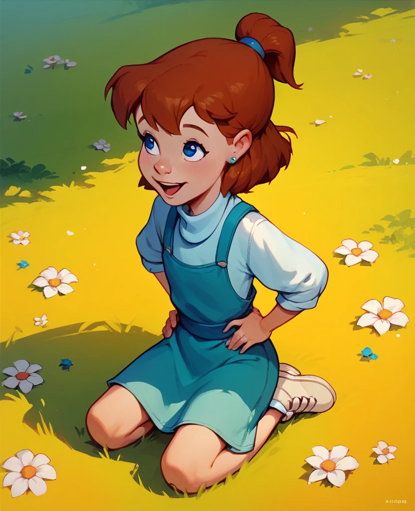 jenny, 1 girl, solo, brown hair, ponytail, blue big bedroom eyes, earrings, sitting on knees, in a field of flowers, hands on hips, open smile