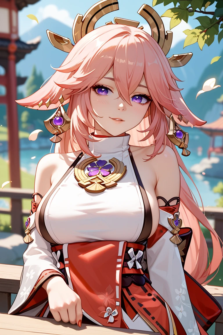 (8k, RAW photo, best quality, masterpiece: 1.2), (realistic, photorealistic: 1.37), 1 girl, YaeMiko, earrings, smirk, yae miko, outdoors, shrine, cherry blossoms, masterpiece, best quality, large breasts, covered breasts, side , perfect face, beautiful face,