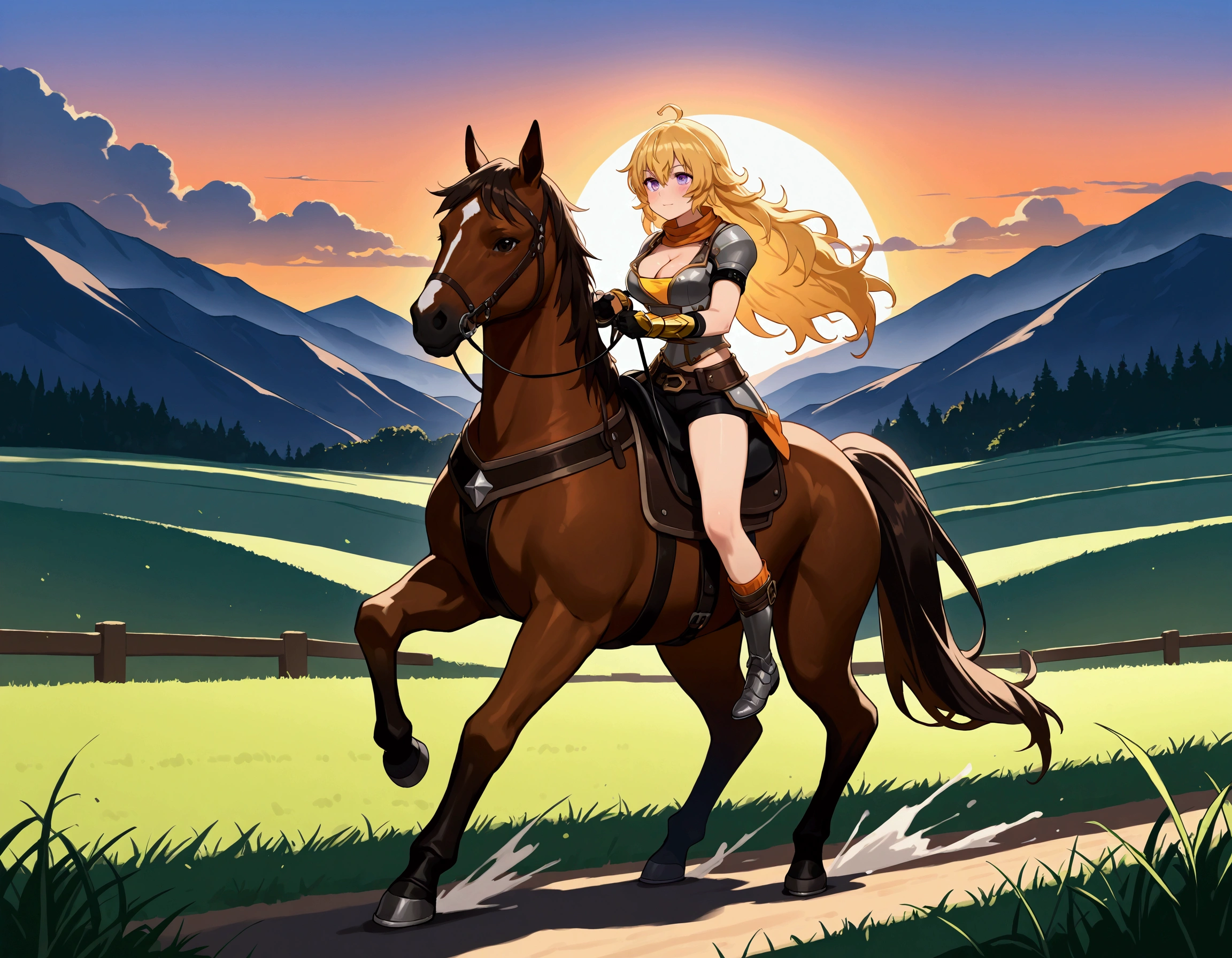 ((best quality)), ((anime masterpiece)), (high detailed), 8k, cinematic lighting, perfect face, perfect hand, large breast, cleavage, riding, horse, (((a young woman wearing a warrior armor watching a sunset while riding on a BROWN HORSE)), ([yang xiao long, bangs, {blonde hair}]), (armor, cleavage, shorts, bare legs, boots)), BREAK, ([brown horse, saddle, reins, bridle, standing]), solo, (on the grassland, mountainside, medieval settings:1), both hand holding rein, from side: 1, anatomically correct