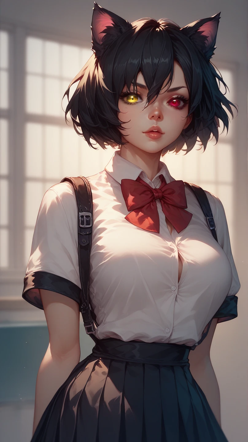 (masterpiece,best quality,ultra_detailed,highres,absurdres),Feminine male, black wolfcut hair, school uniform, classroom, handsome, snow white skin, red eyes, fangs (looking away:1.2)