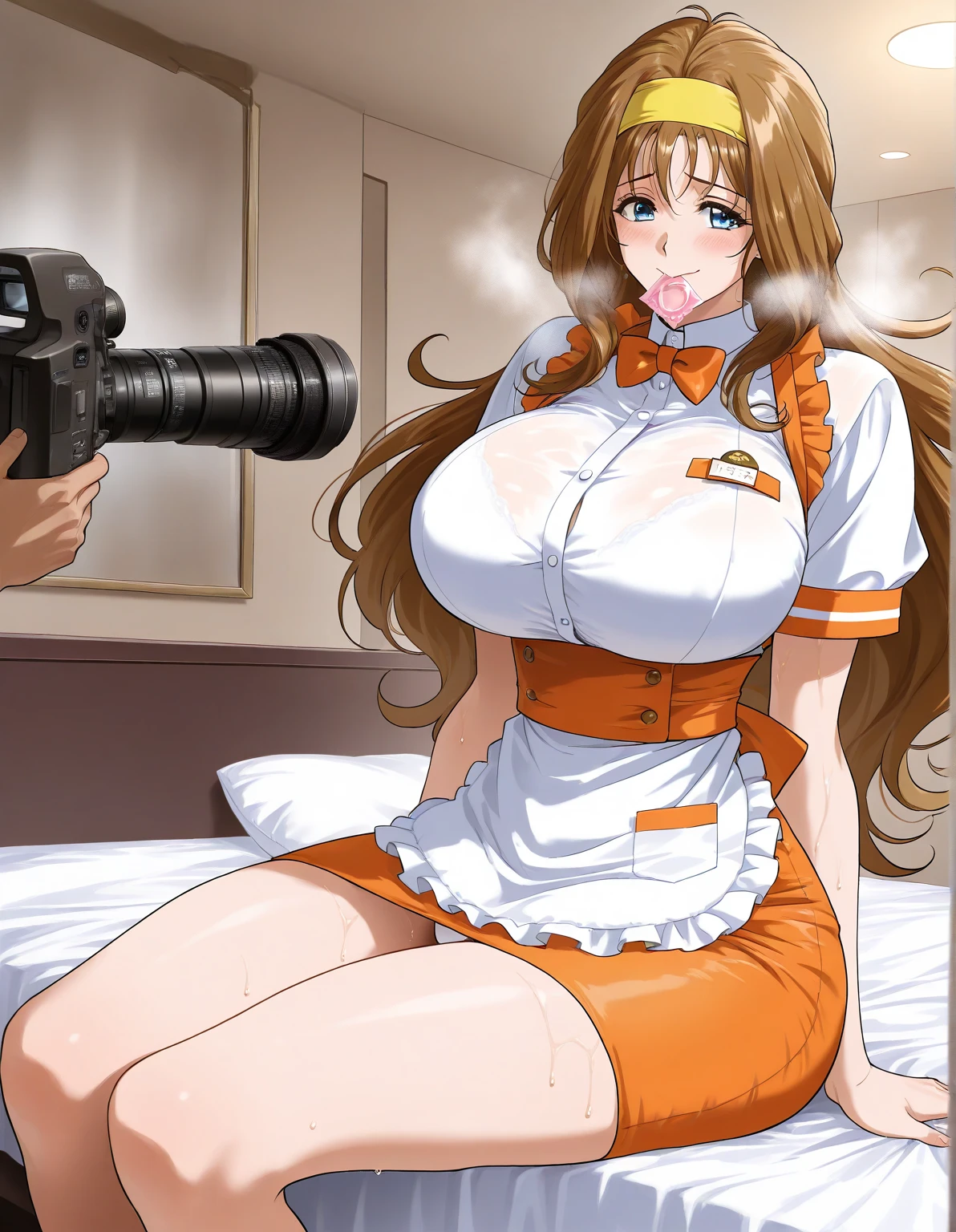 One person、 general , high definition,  ULTRA DETAIL, Very Aesthetic, best quality  ,best hands,  break Kokubo_Reika _,  brown hair,  long hair,  blue eyes, huge breasts,  from the side 1 girl , Alone,  hair band,  waitress ,  orange apron、 orange skirt、bow, Shy yet smiling ,  Mouth closed、break, room,  happy ,( sitting on the edge of the bed 、 showing white panties )、 sweaty、 there is 1 unused condom on the bed、 there is a video camera on the bed 、There are 2 bills on the bed 、Steam in the mouth