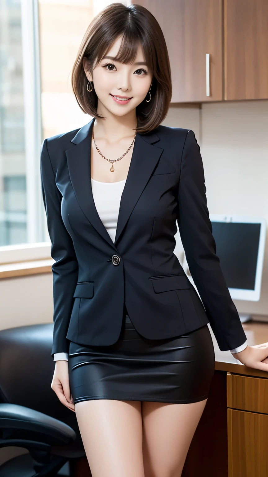  standing side by side in front of an anatomically correct 5-finger 　 Beautiful Korean Woman in the Lounge 　(((bangs　 bob hair)))  earrings　 thin due to small things necklace　((( business suit 　 tight miniskirt )))　At the office　 standing in front of a desk 　 plump thighs　Sensual body　 looking at camera　 cute charming smile