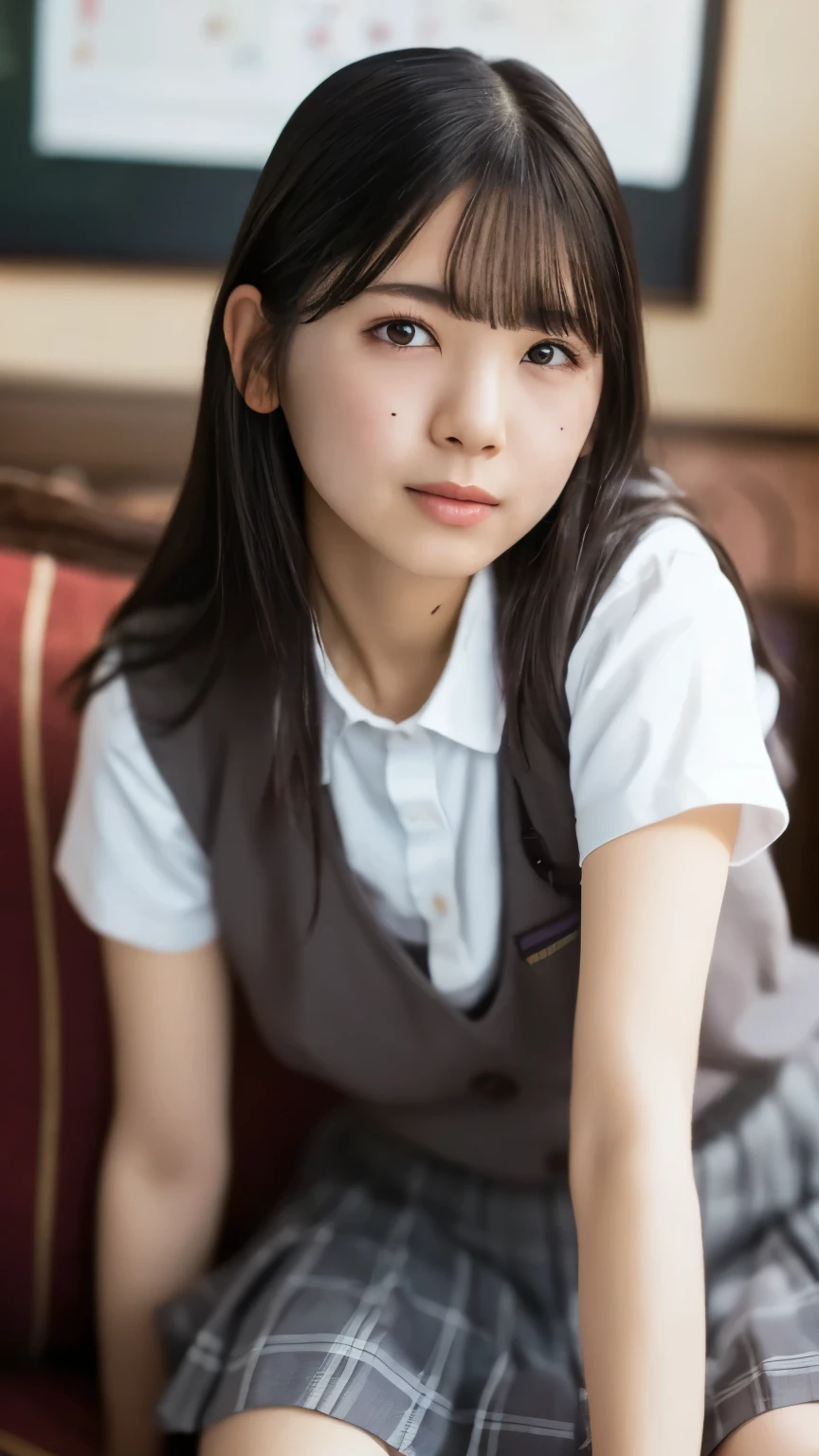  best quality ,  focus on face , Soft light,  ultra high definition , ( photorealistic:1.4),  RAW photos ,  one Japanese girl, Alone,  cute, (pupil,  light in the eyes ),  detailed beautiful face, ( small breasts),( high resolution human skin texture details), ( long hair), Sit on sofa,  school uniform,  Charcoal Vest,  skirt , (Upper thigh)