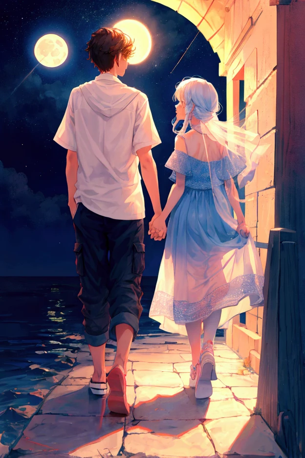 there are two people walking on a pier at night, holding hands in the moonlight, surreal scene, walking together, twilight ; digital painting, setting is bliss wallpaper, she is approaching heaven, walking away, (fantasy), inspired by Tim and Greg Hildebrandt, take my hand, dreamy and romantic, she is arriving heaven, fantasy, romantic!!!, couple walking hand in hand