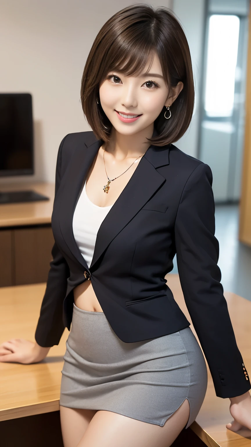 Delicate, Masterpiece, Beautiful Detail, Colorful, Fine Detail, Detail, Detail, Big Breasts, 1 Woman, (20 Year Old Beautiful Korean Woman: 1.1), (KPOP Idol, Korean Mix), (50mm Sigma f/1.4 ZEISS Lens, F1.4, 1/800s, ISO 100, Photo: 1.1), (Ponytail + Blonde: 1.2), Realistic: 1.4), (Spy: 1.2), (dark blue open jacket, shirt, skirt, tie, black pantyhose, Christian Louboutin \ (brand\): 1.3), earrings, necklace, armlets, (tavern: 1.2), (beautiful legs, tall woman, skinny, slim legs, thigh gap, model: 1.2), lens flare, happy smile from the front: 1.1), Dynamic pose, (make: 1.2), sitting on bar stools, Nogizaka idol, Korean idol, actress, gravure idol, armpit, arms crossed, android