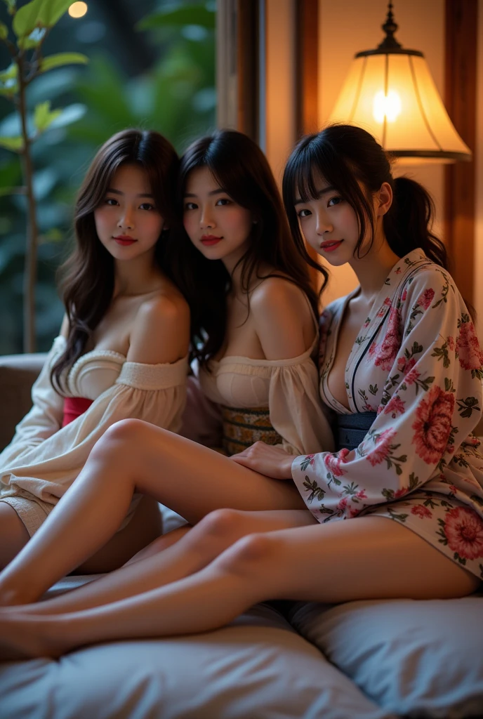 (couple), (duo), (2 girls), RAW photo, two 30-year-old women, both have ginger hair, both have long hair, large size breasts, realistic, masterpiece, highest quality, [[chromatic aberration]], best shadow, photorealism, hyperrealism, two girls, amazing lighting, photoshoot, goddess looks, 8k, UHD, high quality photo, supermodels, flawless faces, beautiful, wearing silm pyjamas while laying on a big bed cuddling. They are wrapped in a warm embrace. Night time, candle lit room, under the covers