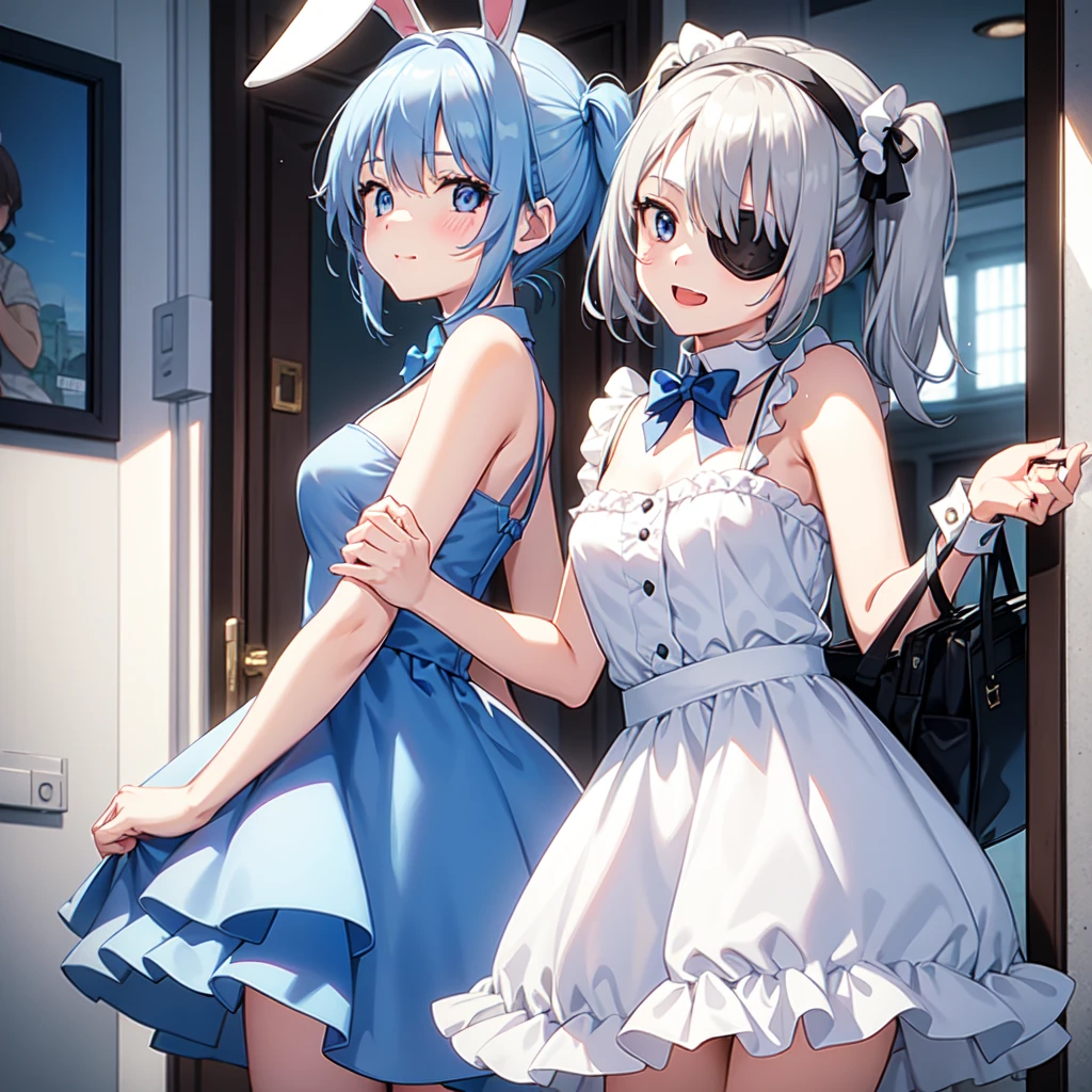 Plain white with emphasis on the chestTshirt、Ultramarine and white striped mini skirt、When you lift up her skirt you can see her cute white frilly underwear.、barefoot、library、Three girls of different heights Magical girl with a magic wand