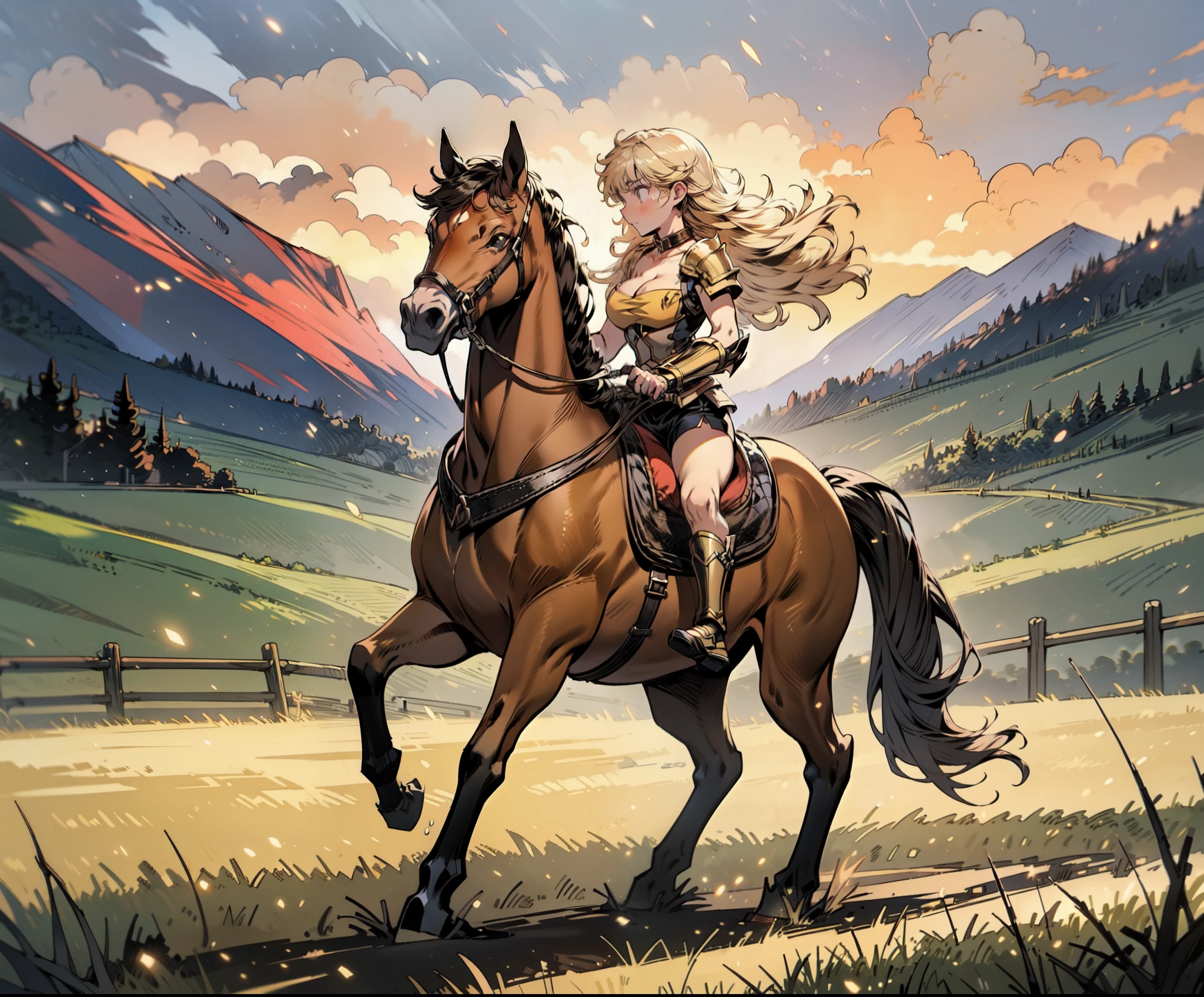 ((best quality)), ((anime masterpiece)), (high detailed), 8k, cinematic lighting, perfect face, perfect hand, large breast, cleavage, riding, horse, (((a young woman wearing a warrior armor watching a sunset while riding on a BROWN HORSE)), ([yang xiao long, bangs, {blonde hair}]), (armor, cleavage, shorts, bare legs, boots)), BREAK, ([brown horse, saddle, reins, bridle, standing]), solo, (on the grassland, mountainside, medieval settings:1), both hand holding rein, from side: 1, anatomically correct