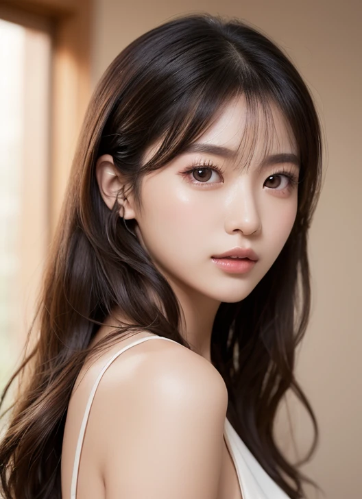 film portrait photography, 1girl, bare shoulders, wavy shoulder-length hair, serene, calm, (realistic detailed eyes, natural skin texture, realistic face details), soft dramatic lighting, depth of field, bokeh, vibrant details, finely detailed, hyperrealistic, 35mm film, hazy blur, filmg,