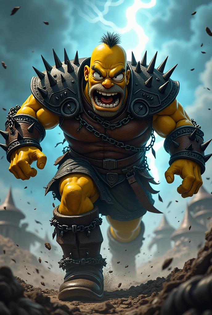 best quality, (masterpiece),(ultra-detailed), (high quality), (high resolution), <lora:thorn-1:0.7>,1boy, bald, beard, chain, colored skin, earrings, green skin, loincloth, male focus, muscular, orc, pointy ears, skull, solo, spikes, thorn, tusks, yellow eyes