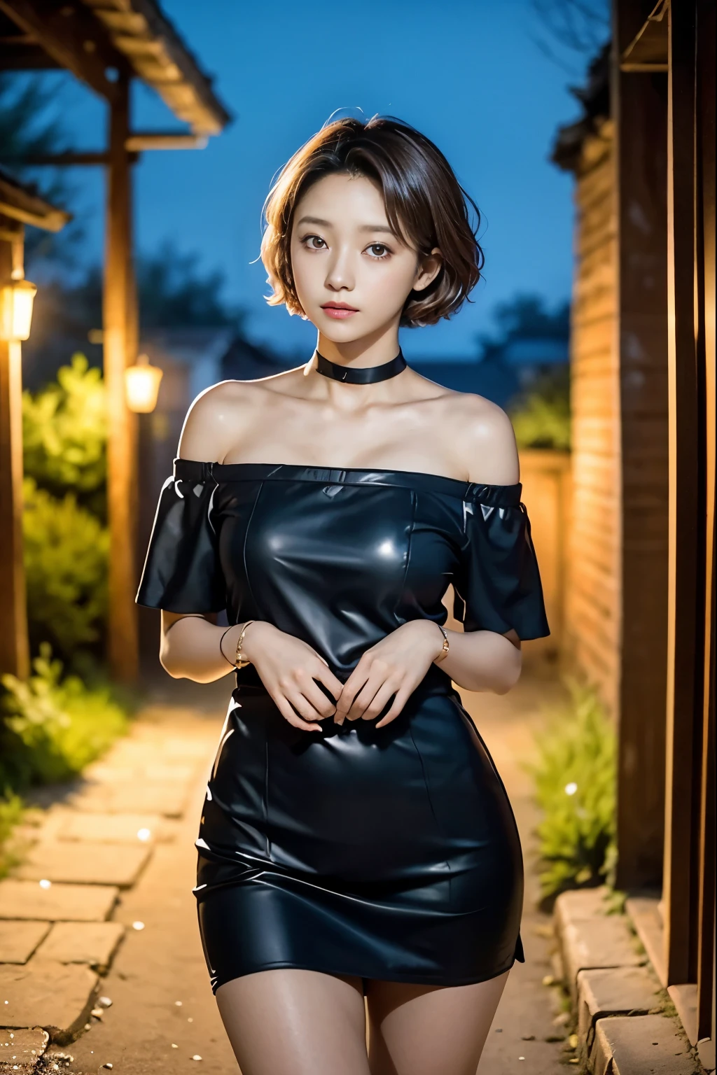 １ girls with light makeup、（Chestnut Hair、 short cut hair）、wooden ruins at night、（black off-the-shoulder dress、 black choker）、 white skin so you can fall out 、 an impeccable young lady no matter where you look at it、・・・２２Year-old female college student、