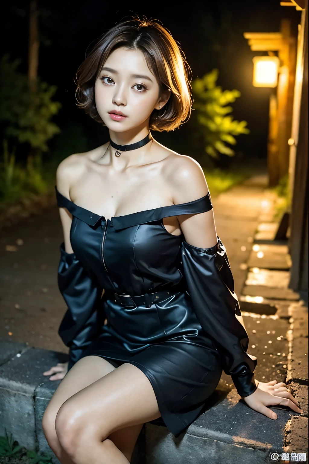 １ girls with light makeup、（Chestnut Hair、 short cut hair）、wooden ruins at night、（black off-the-shoulder dress、 black choker）、 white skin so you can fall out 、 an impeccable young lady no matter where you look at it、・・・２２Year-old female college student、