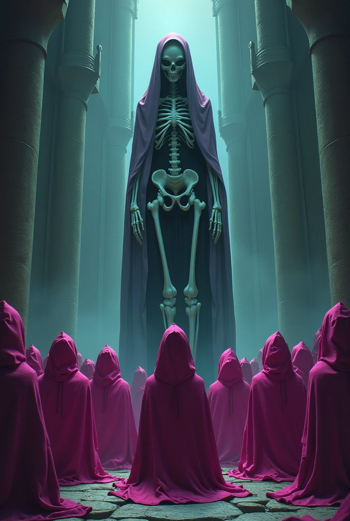 People in pink hoods worship the statue of a creepy alien girl