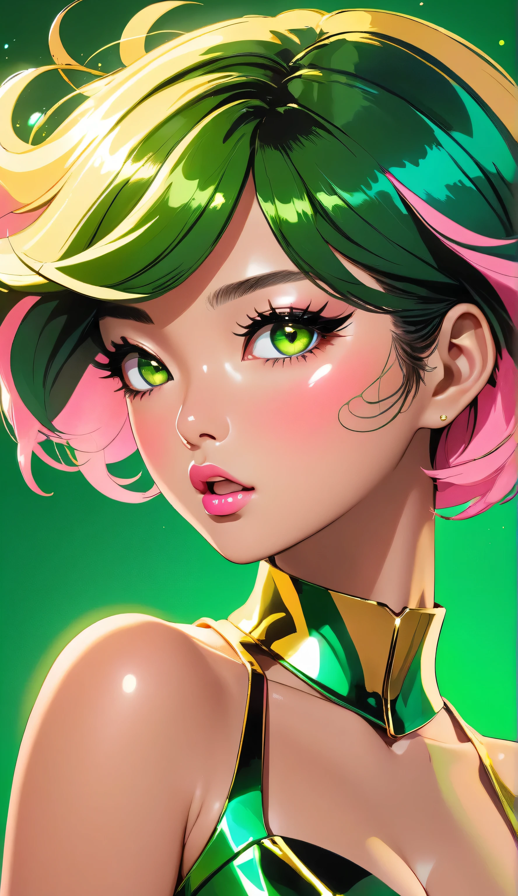 80’s glam rock makeup on shiny face, asian girl, anime, 2.5D, moody lighting, (green, pink, gold), pretty, sexy, minimal, sleek, slender, asian, elegant, futuristic, retro, sophisticated half human half machine, mouth open wide, Kizi,(eyes looking off to side), Highly detailed, Amazing work,Vitreous luster, blues, yellows, Best quality at best,shiny skin, no background, colorful background, green background, pink background, gold, background, plunging neckline, sexy pose, dynamic pose, heavy blushing, huge breasts, full body, floating, levitating, jumping,