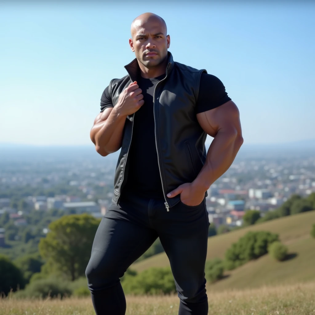 UHD, Ultra Photorealistic Image, Retina, Masterpiece, Accurate, Textured Skin, Super Detail, High Quality, High Resolution, 8K.

A very tall (about 1.95m), pale-skinned, and very muscular American bodybuilder with a shaved head and a confident demeanor. He is dressed in a stylish black Hodlee jacket, paired with trendy black jeans and reddish-white shoes. Under the jacket, he wears a plain black t-shirt, adding a sleek and minimalist touch to his outfit.

The bodybuilder strikes a classic yet commanding pose often seen in men's fashion magazines. He stands with one leg slightly bent forward, creating a relaxed yet powerful stance. His left hand rests casually in the pocket of his jeans, while his right arm crosses over his chest, with his hand gripping his left bicep. This pose highlights the muscular definition of his arms and upper body while exuding a sense of confidence and control. His head is slightly tilted to the side, and he gazes directly at the camera with a bold, piercing expression.

The setting features a picturesque hill with a clear blue sky in the background. The distant view includes the aesthetic details of Malioboro, creating a harmonious blend of natural beauty and urban charm. The lifelike lighting enhances every detail of his outfit, the pose, and his muscular physique, making the image dynamic and visually striking.