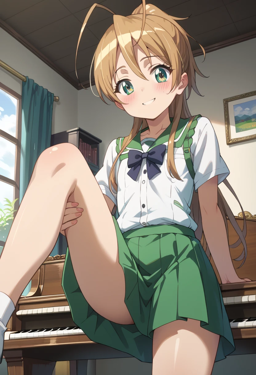 (( best quality )), ((masterpiece)), (be familiar with),  Perfect Face, indoor, bedroom,  Watching Viewers ,
One woman, Miyamoto Rei,
開いた口,  ecstatic expression beside the piano, blush, smile,
 small ,  flat chest, Young girl, Lori,  ,  girl,
 long hair,  ponytail from below the surface,
Leg spread,