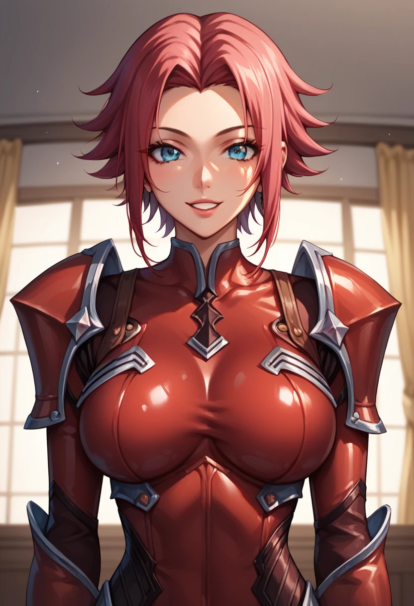 score_9, score_8_up, score_7_up, score_6_up, score_5_up, score_4_up, KallenStadfeldXL, blue eyes, red hair, short hair, hair intakes, large breasts, cleavege, armor, red bodysuit, bodysuit sleeves, solo, front view, (portrait, upper body), solo focus, seductive smile, looking at viewer, indoors 