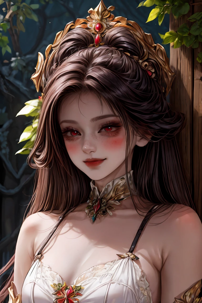  ((masterpiece,  precise,   anatomically correct  )),  a woman,  long hair ,  brown hair,  very long hair, beautiful,  smile, depth of field, blush, ((Minimalism, Art Nouveau, arte digital, gothic art,)) without bangs,  she is wearing a beige dress with a 90s design,  Freckles on her cheeks , Red eyes, ((Fondo simple,Espacio negativo , )) loose fitting dresses  , 