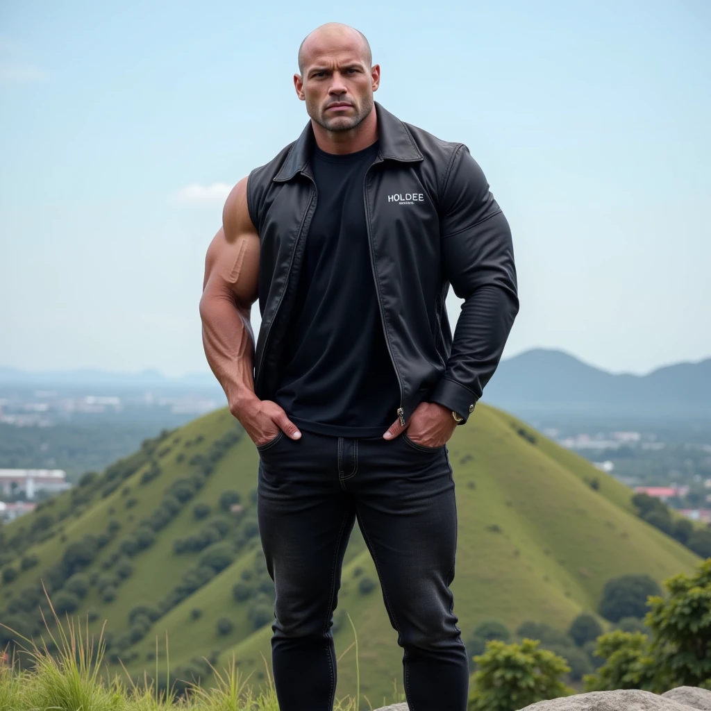 UHD, Ultra Photorealistic Image, Retina, Masterpiece, Accurate, Textured Skin, Super Detail, High Quality, High Resolution, 8K.

A very tall (about 1.95m), pale-skinned, and very muscular American bodybuilder with a shaved head and a confident demeanor. He is dressed in a stylish black Hodlee jacket, paired with trendy black jeans and reddish-white shoes. Under the jacket, he wears a plain black t-shirt, adding a sleek and minimalist touch to his outfit.

The bodybuilder strikes a classic yet commanding pose often seen in men's fashion magazines. He stands with one leg slightly bent forward, creating a relaxed yet powerful stance. His left hand rests casually in the pocket of his jeans, while his right arm crosses over his chest, with his hand gripping his left bicep. This pose highlights the muscular definition of his arms and upper body while exuding a sense of confidence and control. His head is slightly tilted to the side, and he gazes directly at the camera with a bold, piercing expression.

The setting features a picturesque hill with a clear blue sky in the background. The distant view includes the aesthetic details of Malioboro, creating a harmonious blend of natural beauty and urban charm. The lifelike lighting enhances every detail of his outfit, the pose, and his muscular physique, making the image dynamic and visually striking.