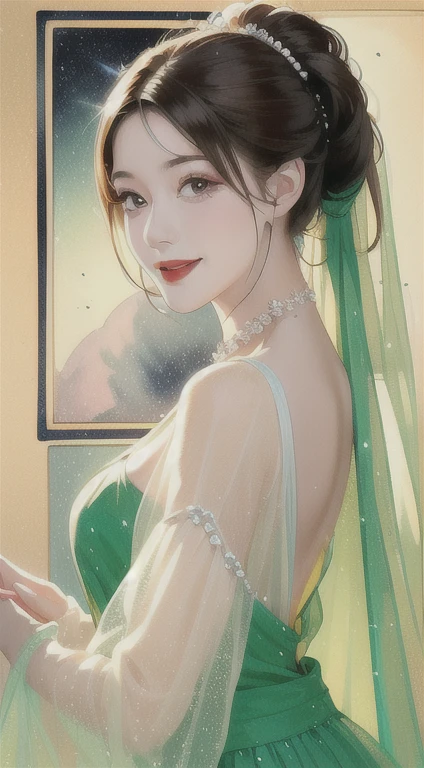  A fusion of ink painting and watercolor painting、 1 girl、  Vivid Movie Light ,   Embraces Love 、detailed interior、 look at me and smile、Delicate Green Dress 、 Sparkling Crystals 、Crystal Necklace、Double Ponytail、 Long Brown Hair Flutters、masterpiece、 best quality、